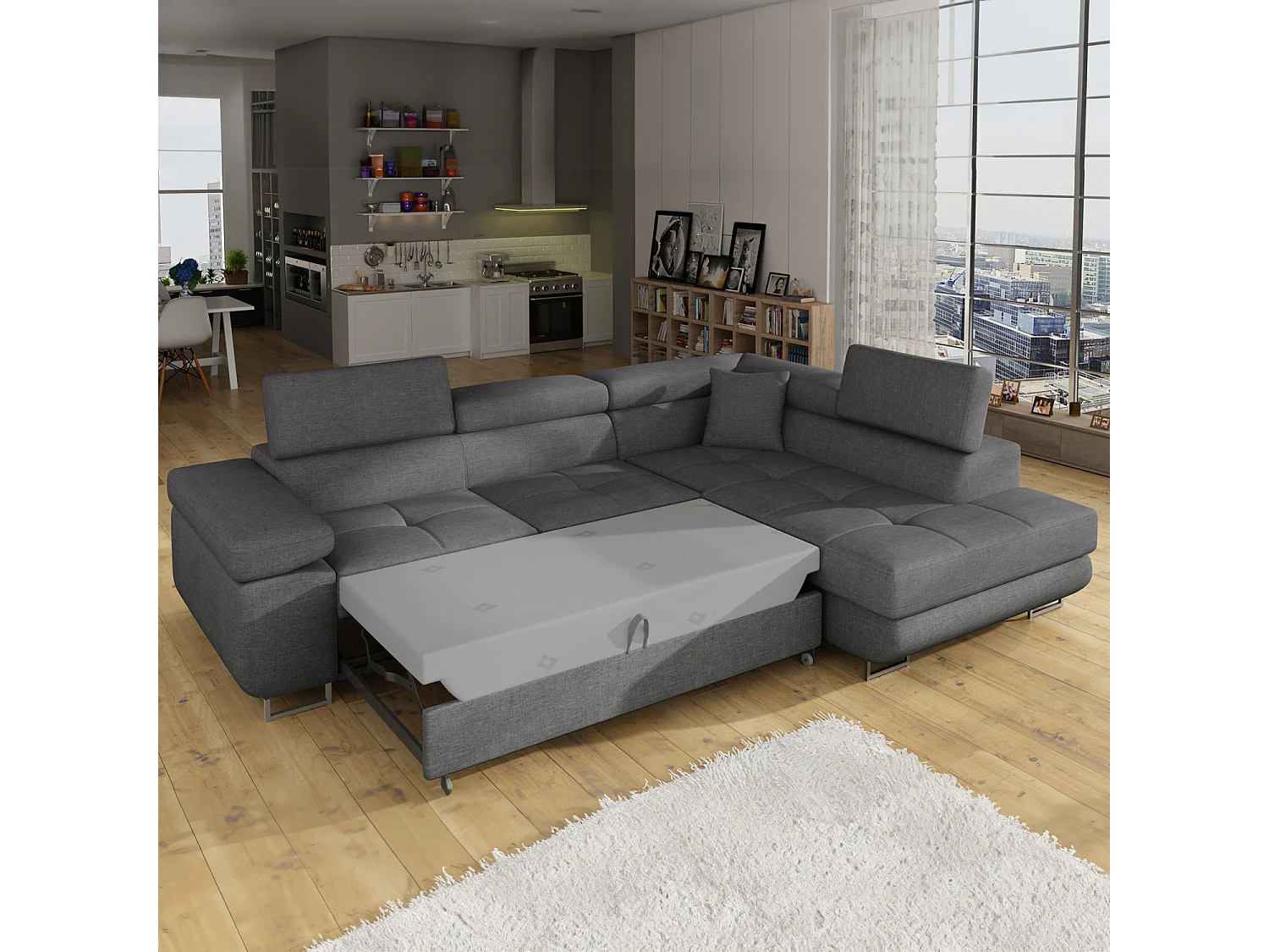 Canapé d'angle droit convertible Marius tissu Gris