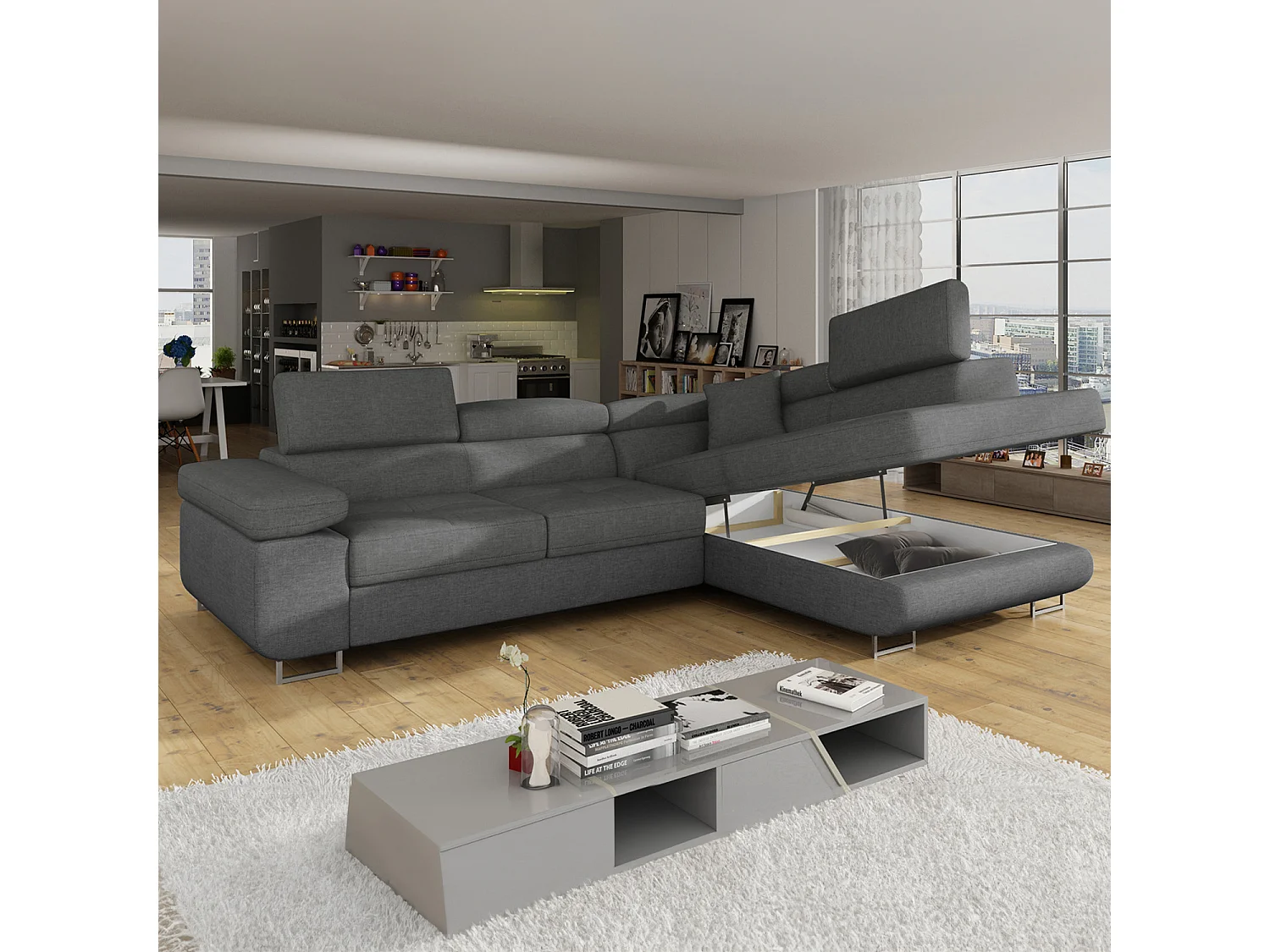 Canapé d'angle droit convertible Marius tissu Gris