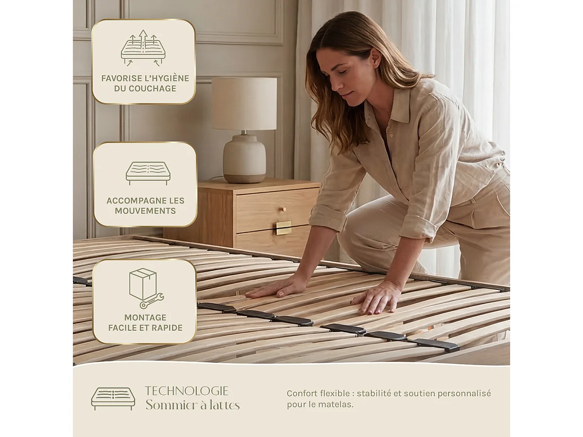 Sommier en kit à lattes couleur bois naturel 140x190