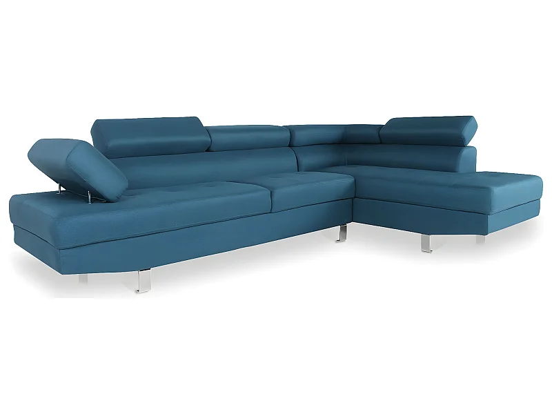 Canapé d'angle droit avec têtières relevables Charly tissu bleu canard