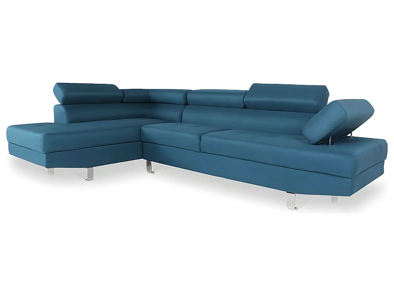 Canapé d'angle gauche avec têtières relevables Charly tissu bleu canard