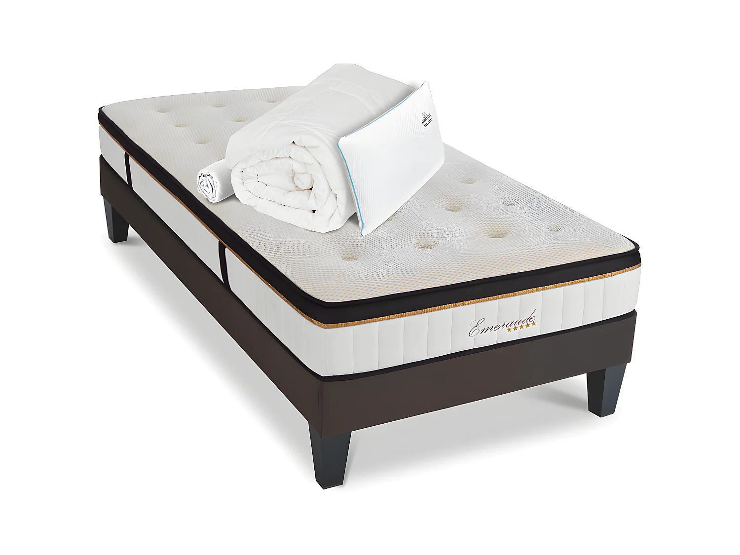 Ensemble Matelas Emeraude Mousse Accueil Mémoire de Forme+ sommier + accessoires - 90 x 200 cm