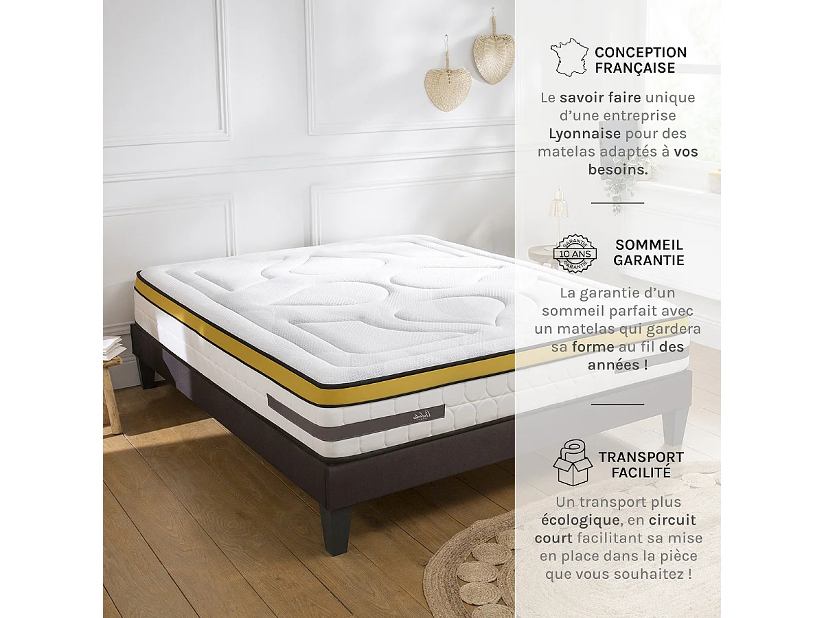 Ensemble Matelas Aubertin Ressorts ensachés Accueil mémoire et sommier tissu gris - 160 x 200 cm