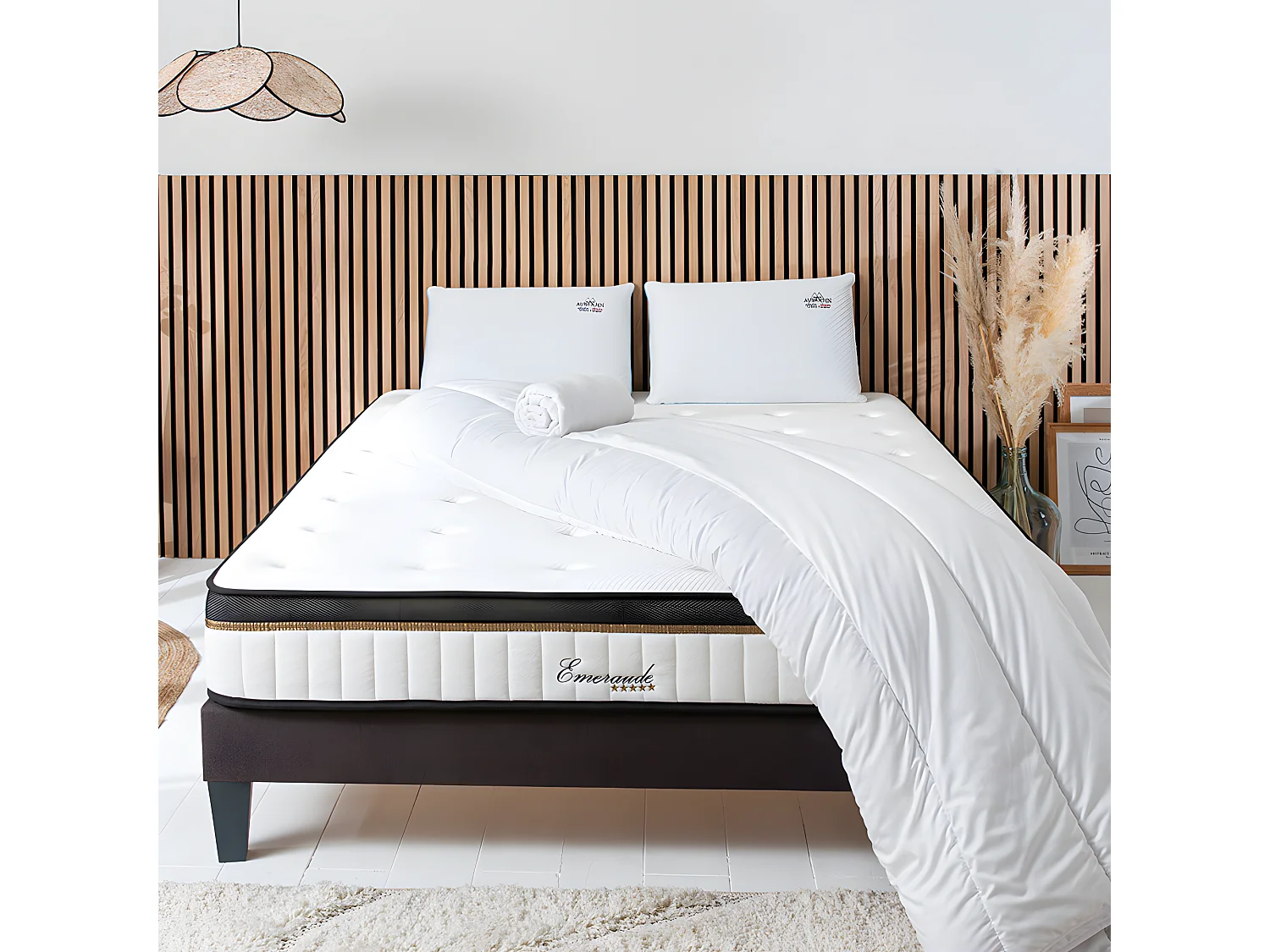 Ensemble Matelas Emeraude Mousse Accueil Mémoire de Forme+ sommier + accessoires - 160 x 200 cm