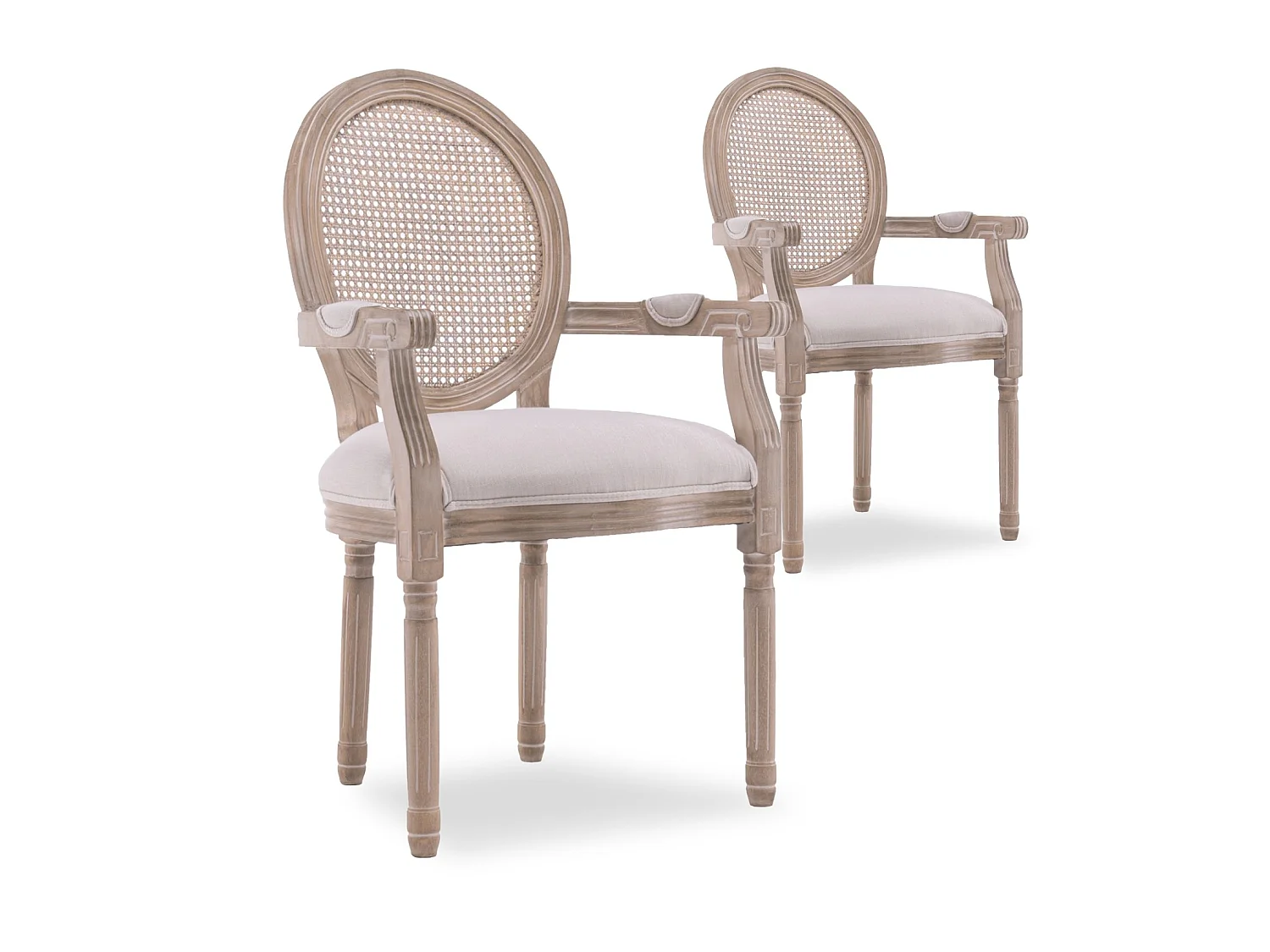 Lot de 2 fauteuils médaillon Louis XVI cannage rotin tissu beige