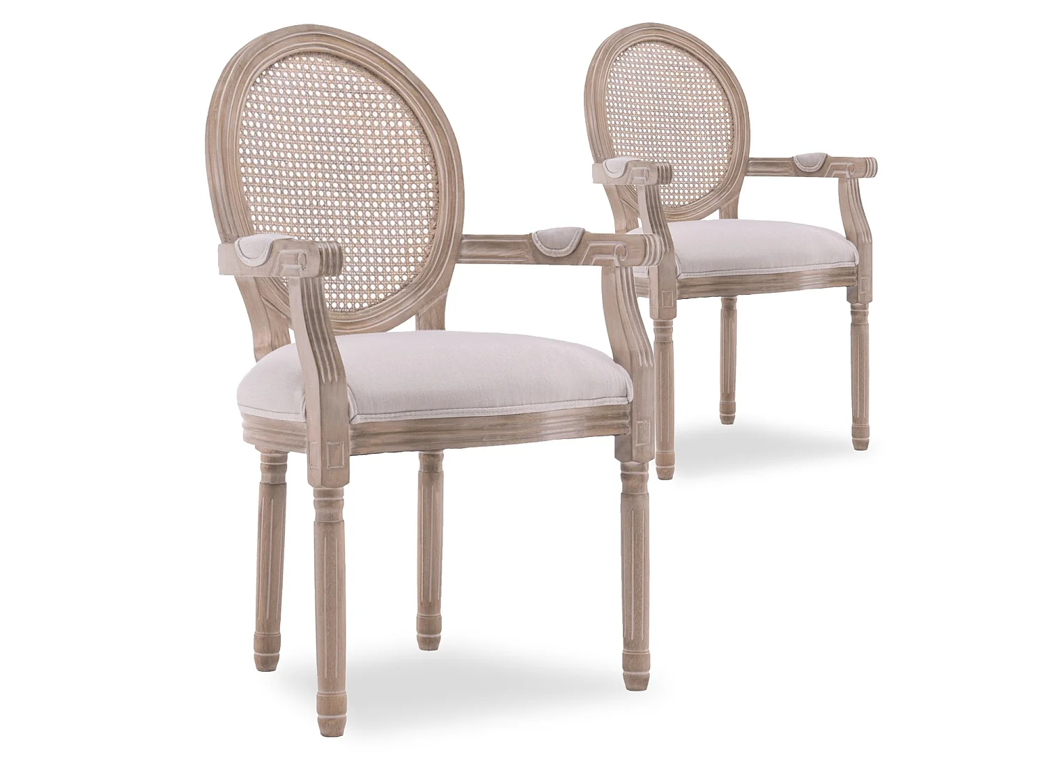 Lot de 2 fauteuils médaillon Louis XVI cannage rotin tissu beige