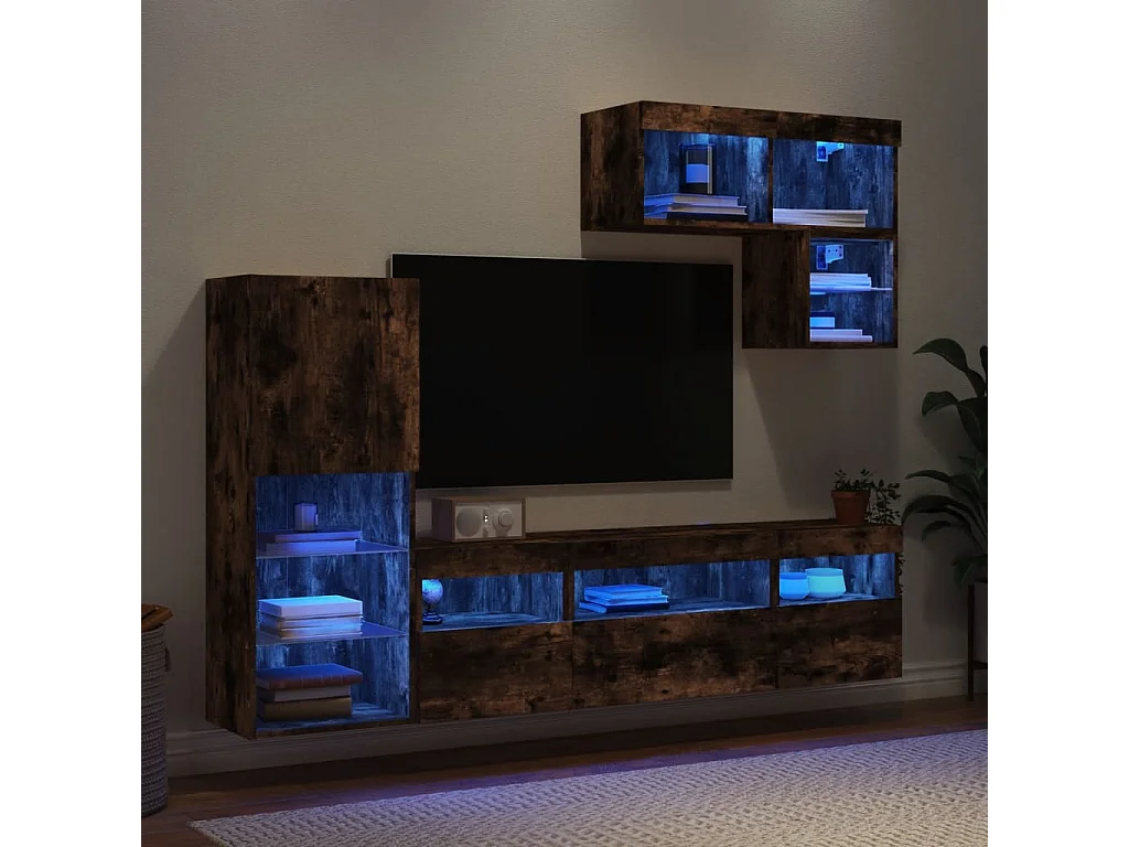 Unités murales TV avec LED 6 pièces chêne fumé bois d'ingénierie