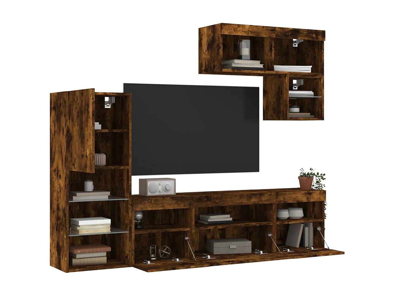 Unités murales TV avec LED 6 pièces chêne fumé bois d'ingénierie