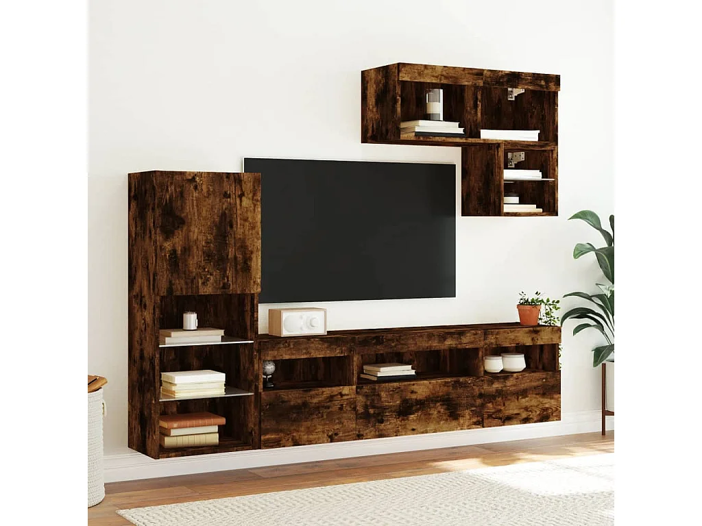 Unités murales TV avec LED 6 pièces chêne fumé bois d'ingénierie