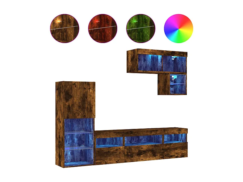 Unités murales TV avec LED 6 pièces chêne fumé bois d'ingénierie