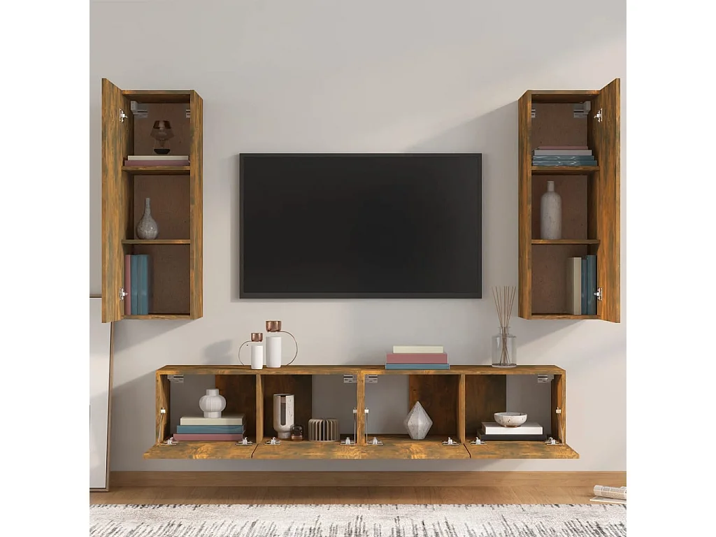 Set de muebles de TV 4 piezas madera contrachapada roble ahumado