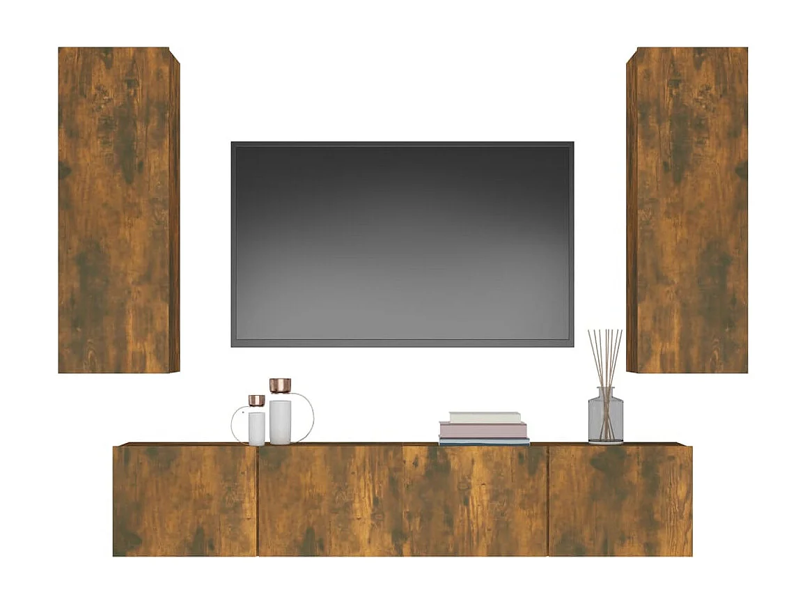 Set de muebles de TV 4 piezas madera contrachapada roble ahumado