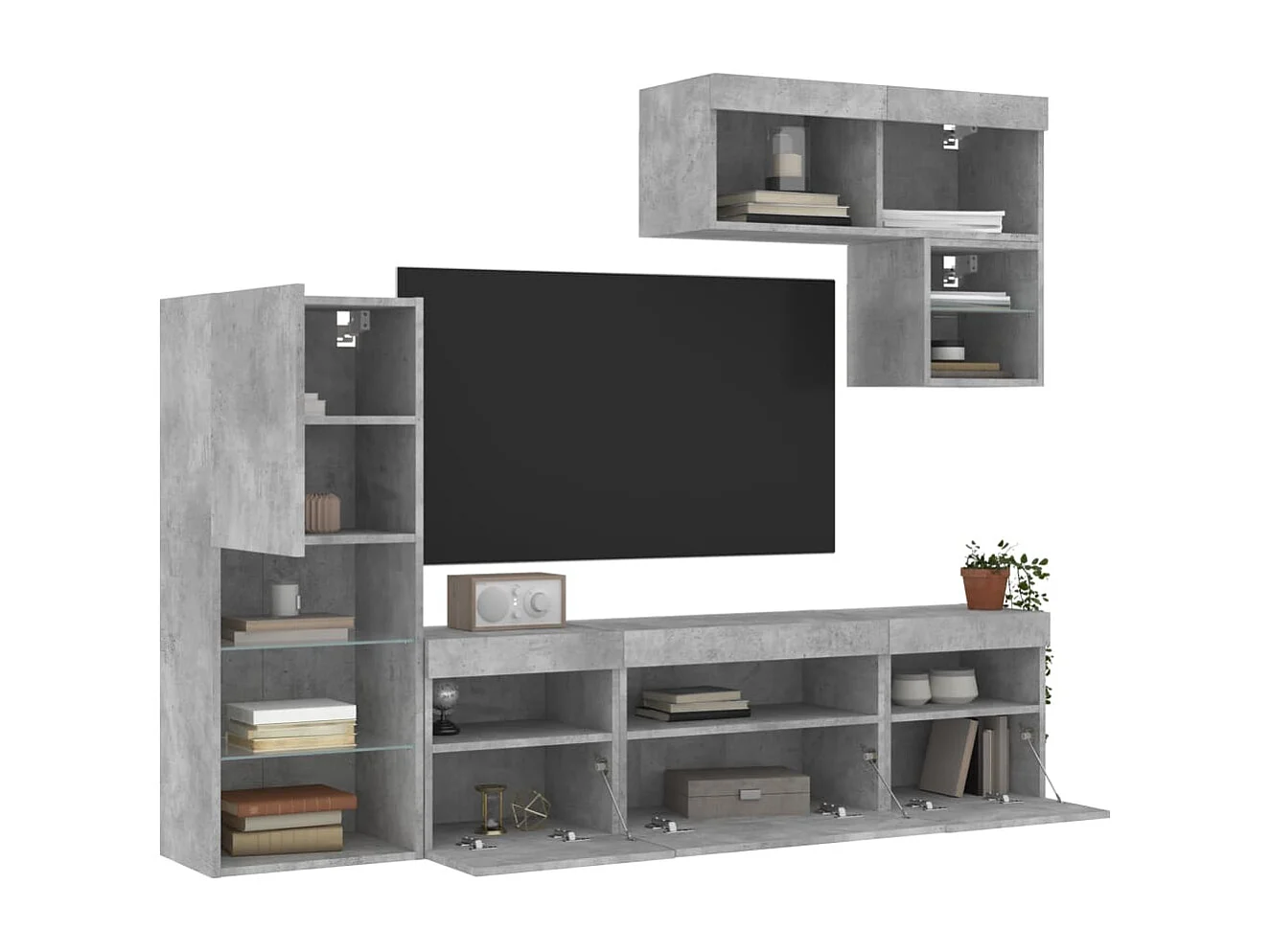 Unités murales TV avec LED 6 pièces gris béton bois d'ingénierie