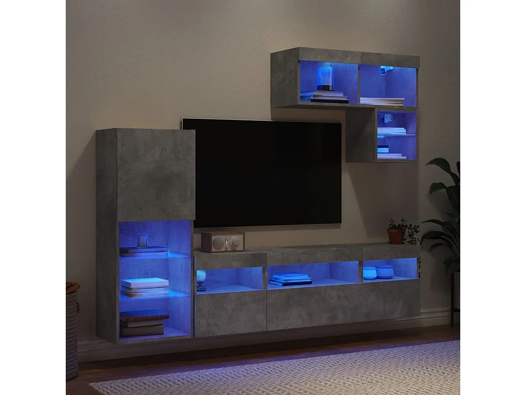 Unités murales TV avec LED 6 pièces gris béton bois d'ingénierie