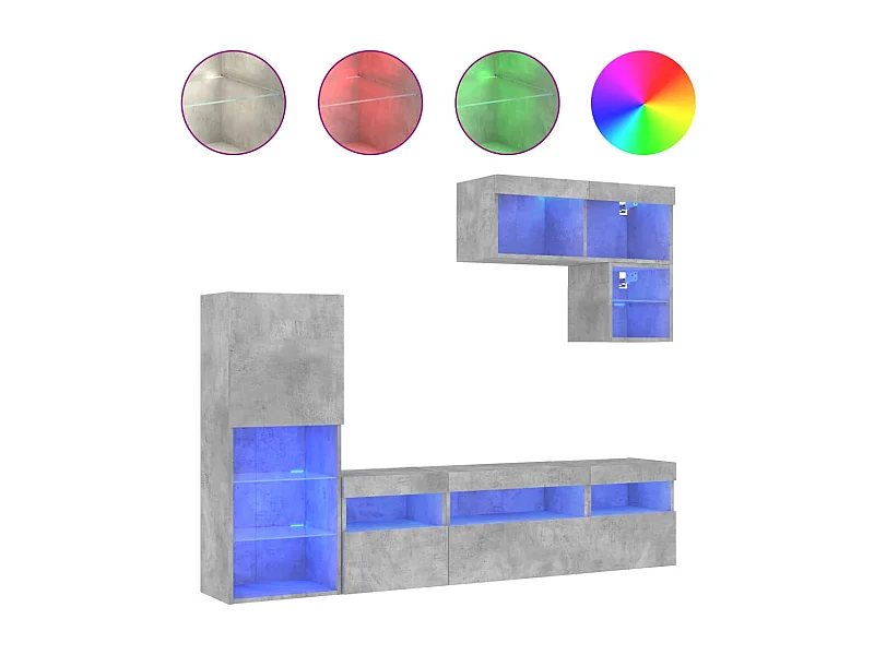 6 peças móveis parede p/ TV c/ LEDs deriv. madeira cinza cimento