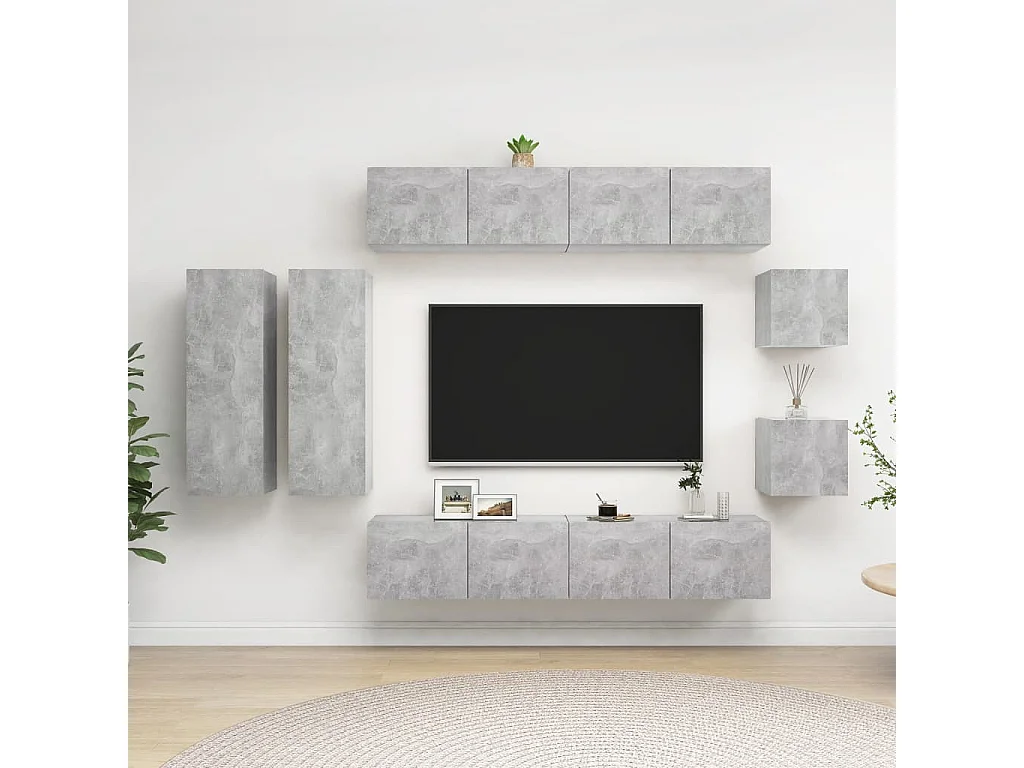8 peças conjunto de móveis de TV contraplacado cinzento cimento