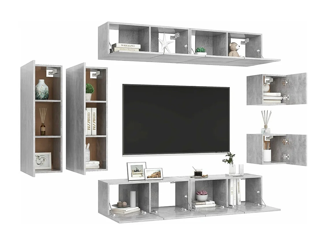 8 peças conjunto de móveis de TV contraplacado cinzento cimento