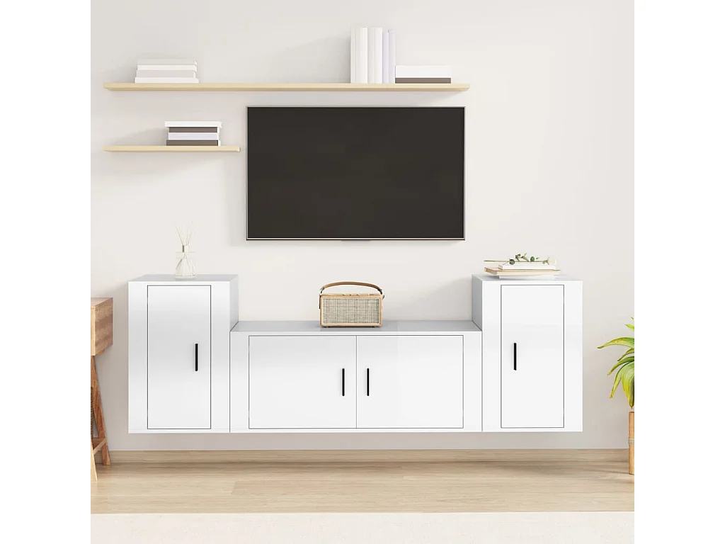 3 peças conjunto móveis de TV madeira processada branco brilhante