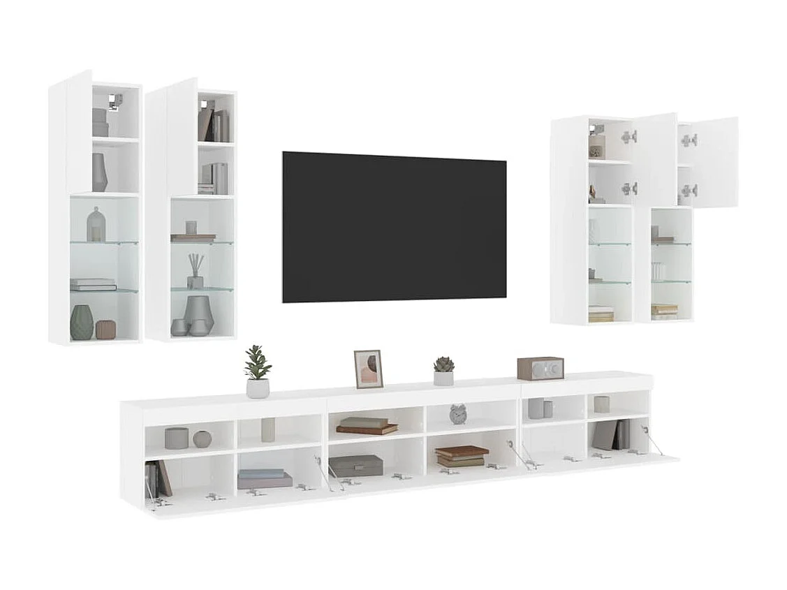 7 peças conjunto de móveis de parede para TV com luzes LED branco
