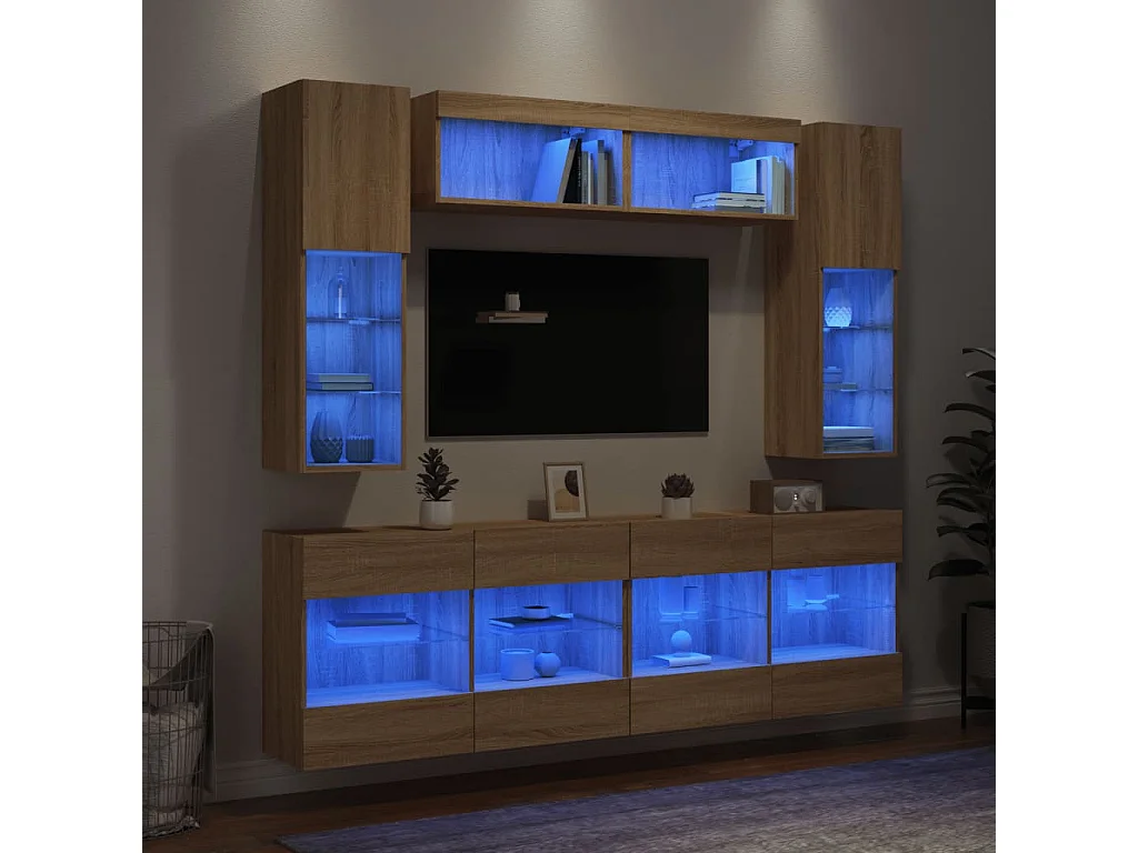 Ensemble de meubles TV muraux 6pièces et lumières LED chêne sonoma
