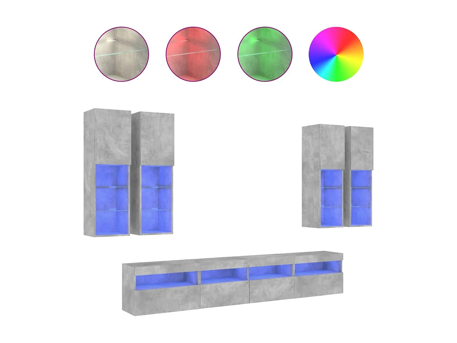 7-delige Tv-wandmeubelset met LED-verlichting betongrijs