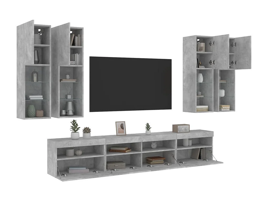 7-delige Tv-wandmeubelset met LED-verlichting betongrijs