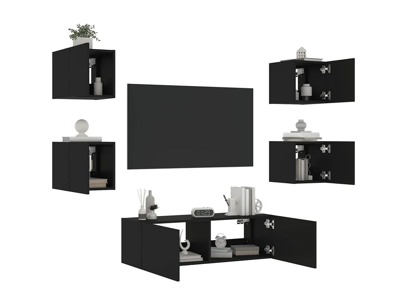 Muebles de TV de pared con luces LED 5 piezas negro
