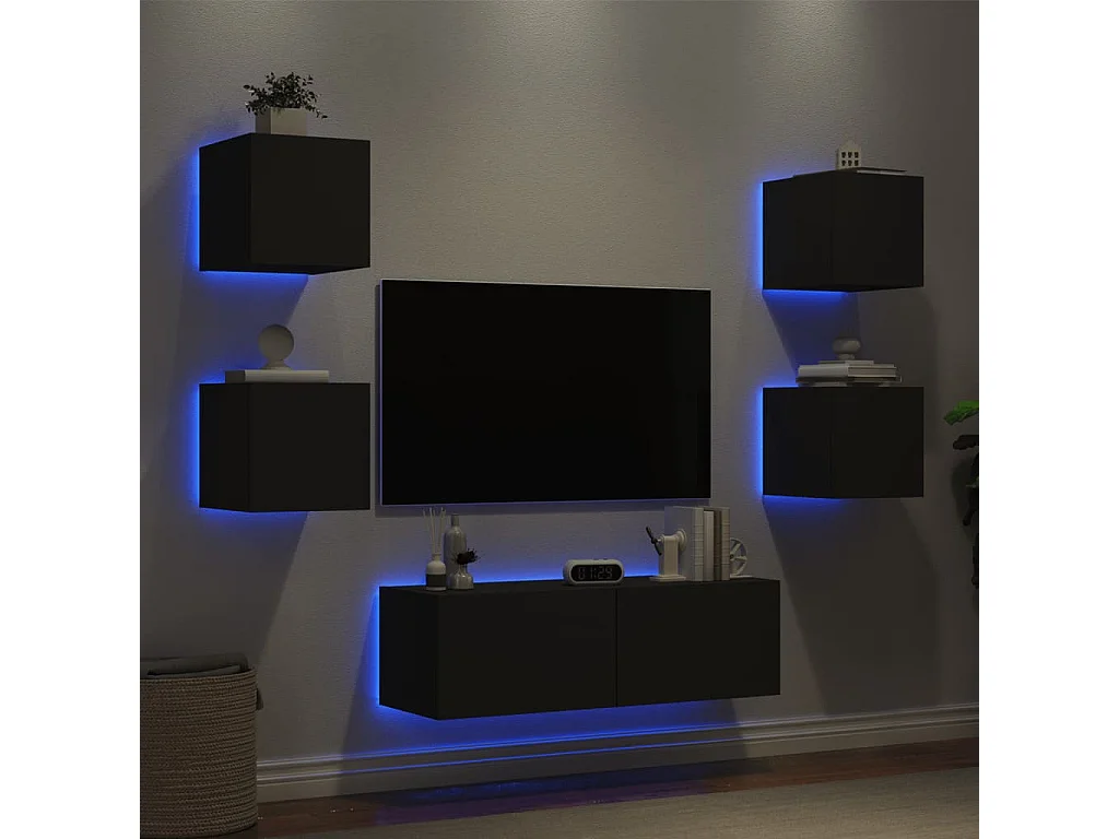 Muebles de TV de pared con luces LED 5 piezas negro