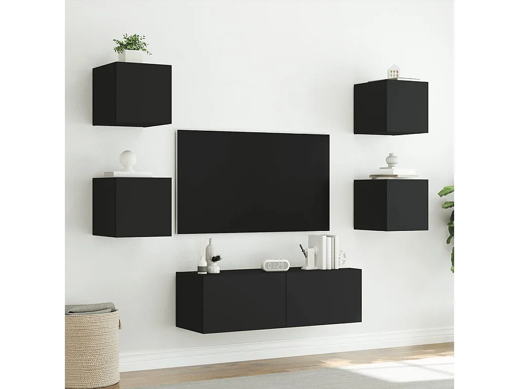 Muebles de TV de pared con luces LED 5 piezas negro