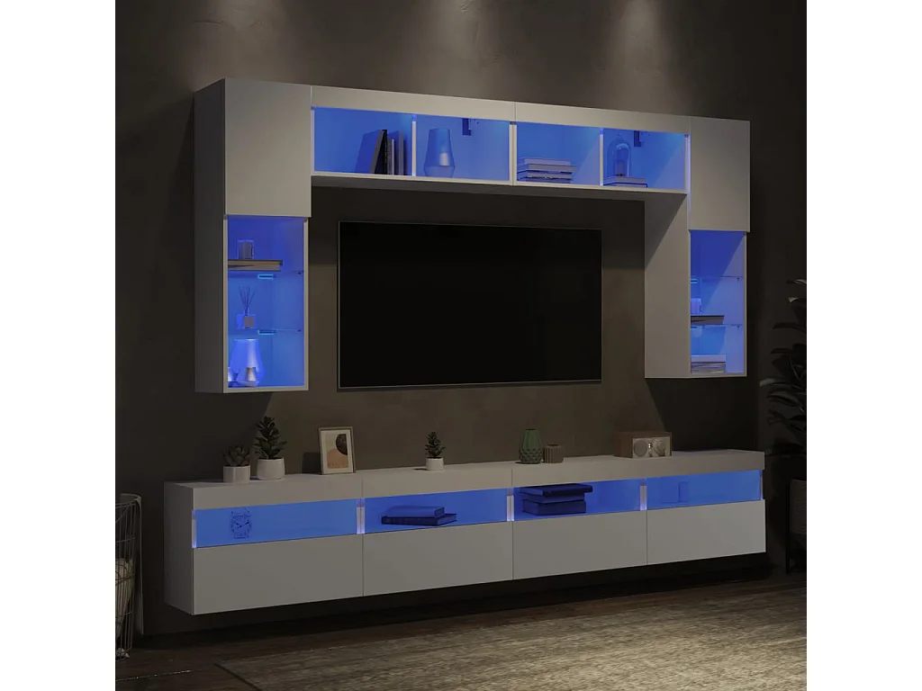 8 peças conjunto de móveis de parede para TV com luzes LED branco