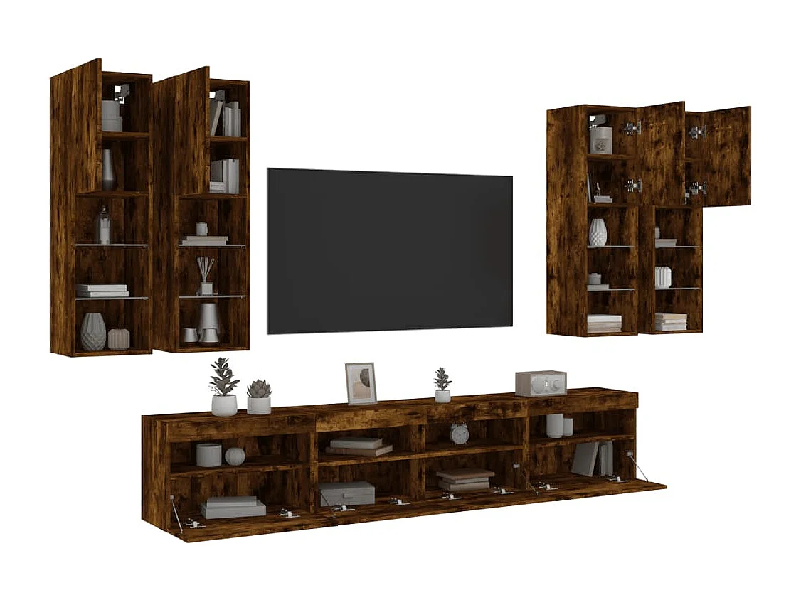 Ensemble de meubles TV muraux 7 pièces et lumières LED chêne fumé