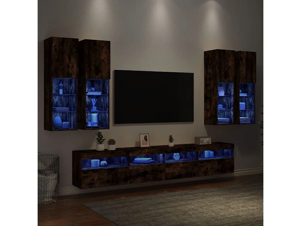 Ensemble de meubles TV muraux 7 pièces et lumières LED chêne fumé