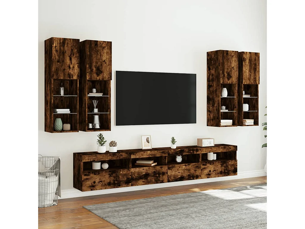 Ensemble de meubles TV muraux 7 pièces et lumières LED chêne fumé
