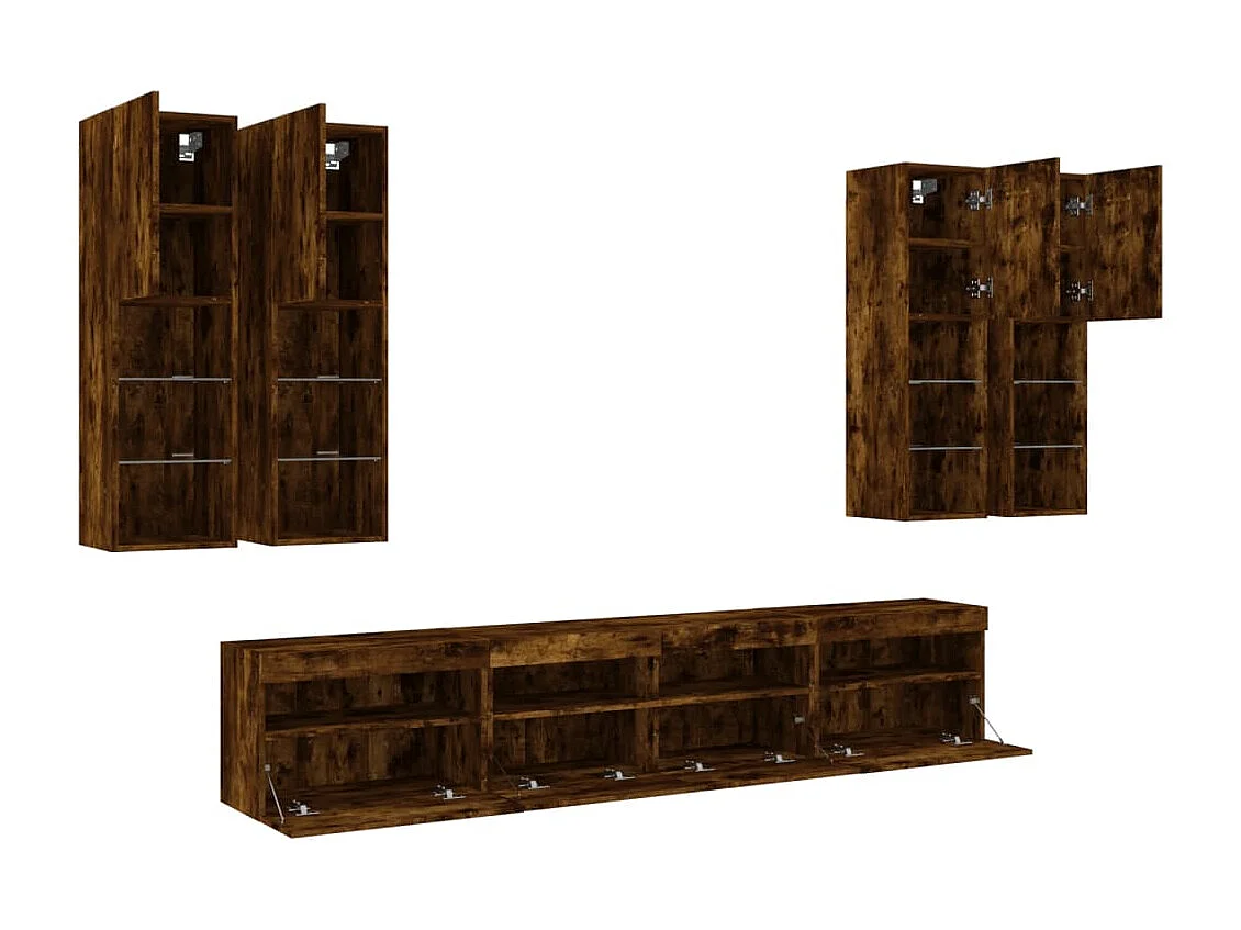 Ensemble de meubles TV muraux 7 pièces et lumières LED chêne fumé