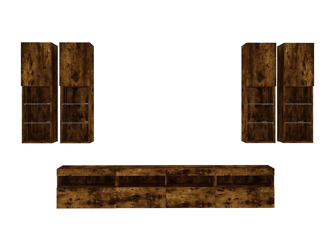 Ensemble de meubles TV muraux 7 pièces et lumières LED chêne fumé