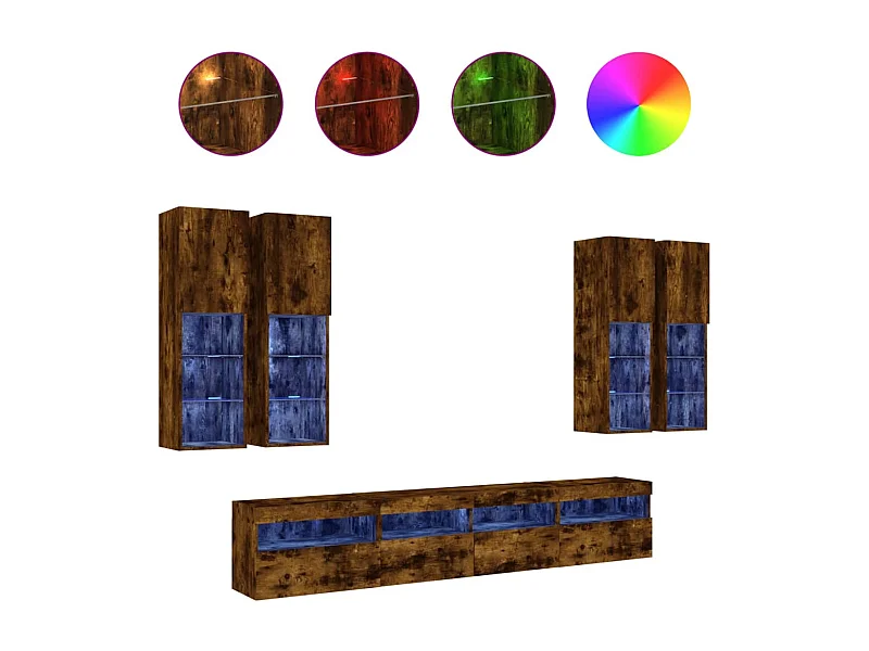 Ensemble de meubles TV muraux 7 pièces et lumières LED chêne fumé