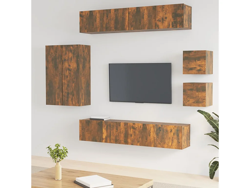 Set de muebles de TV 8 piezas madera contrachapada roble ahumado