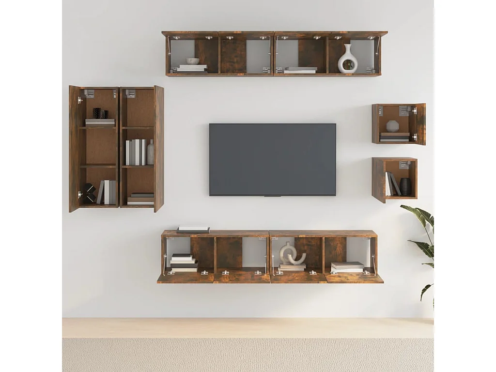 Set de muebles de TV 8 piezas madera contrachapada roble ahumado