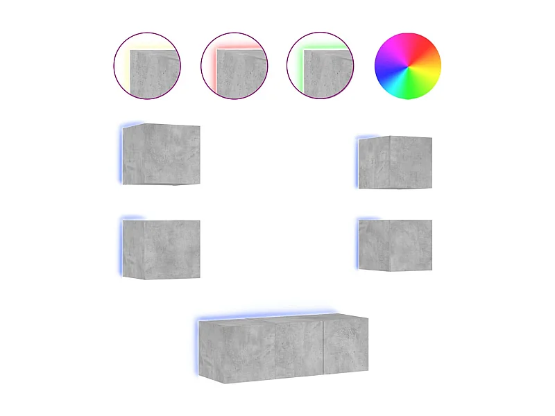 Unités murales TV avec LED 6 pièces gris béton bois d'ingénierie