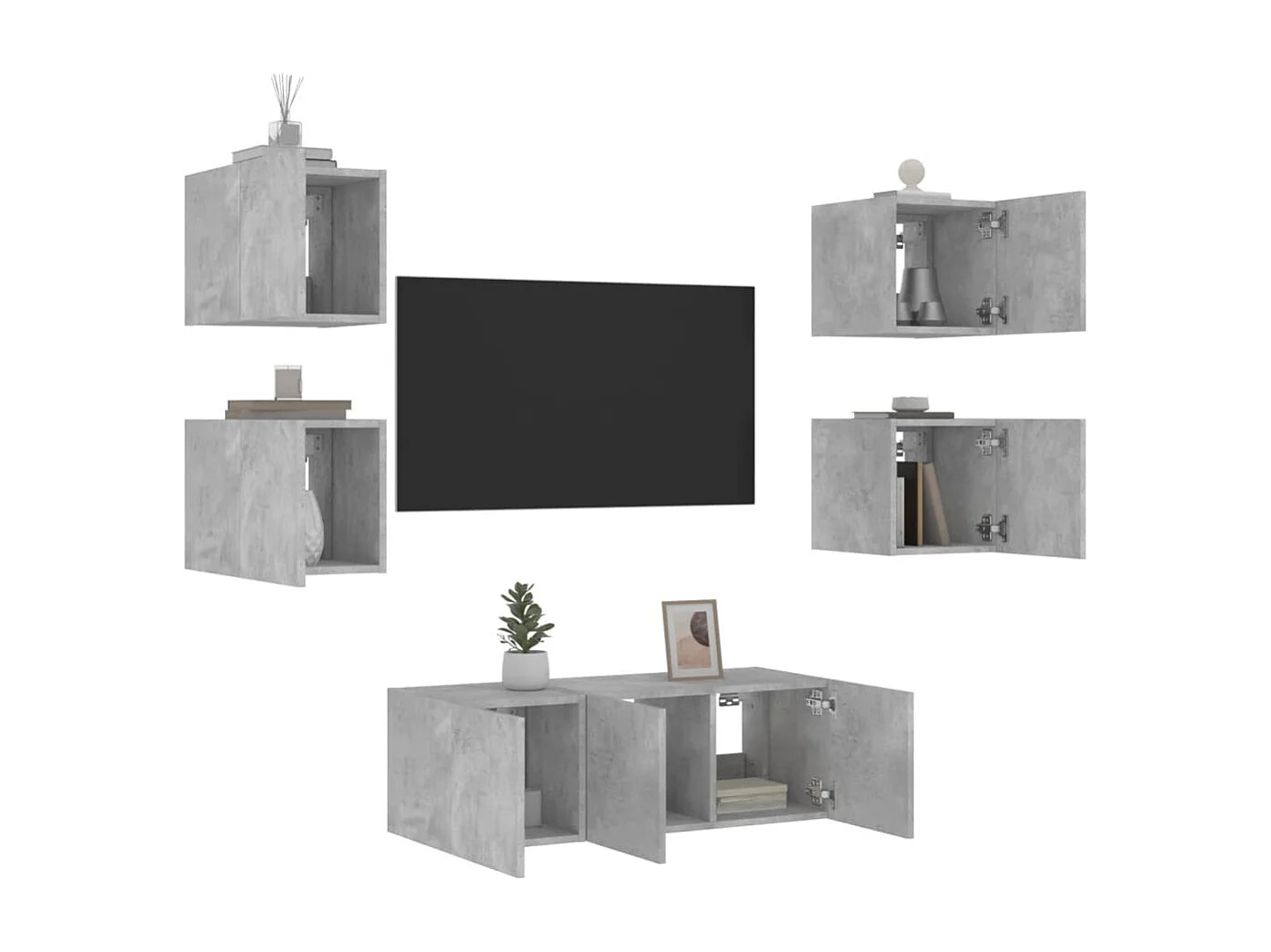 Unités murales TV avec LED 6 pièces gris béton bois d'ingénierie