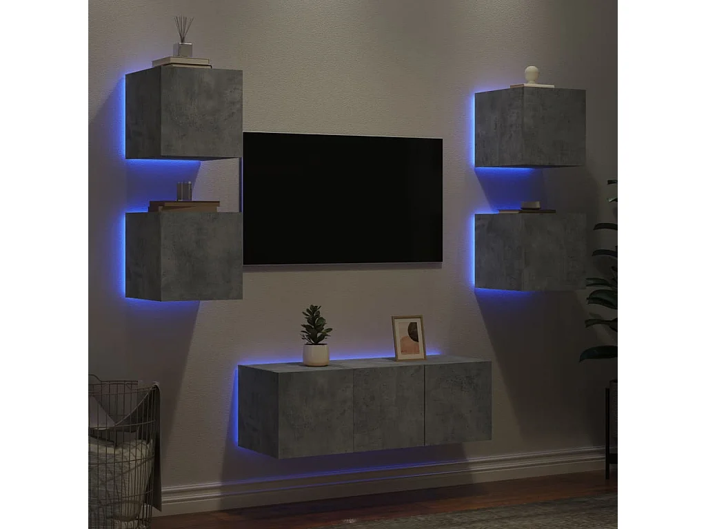 Unités murales TV avec LED 6 pièces gris béton bois d'ingénierie