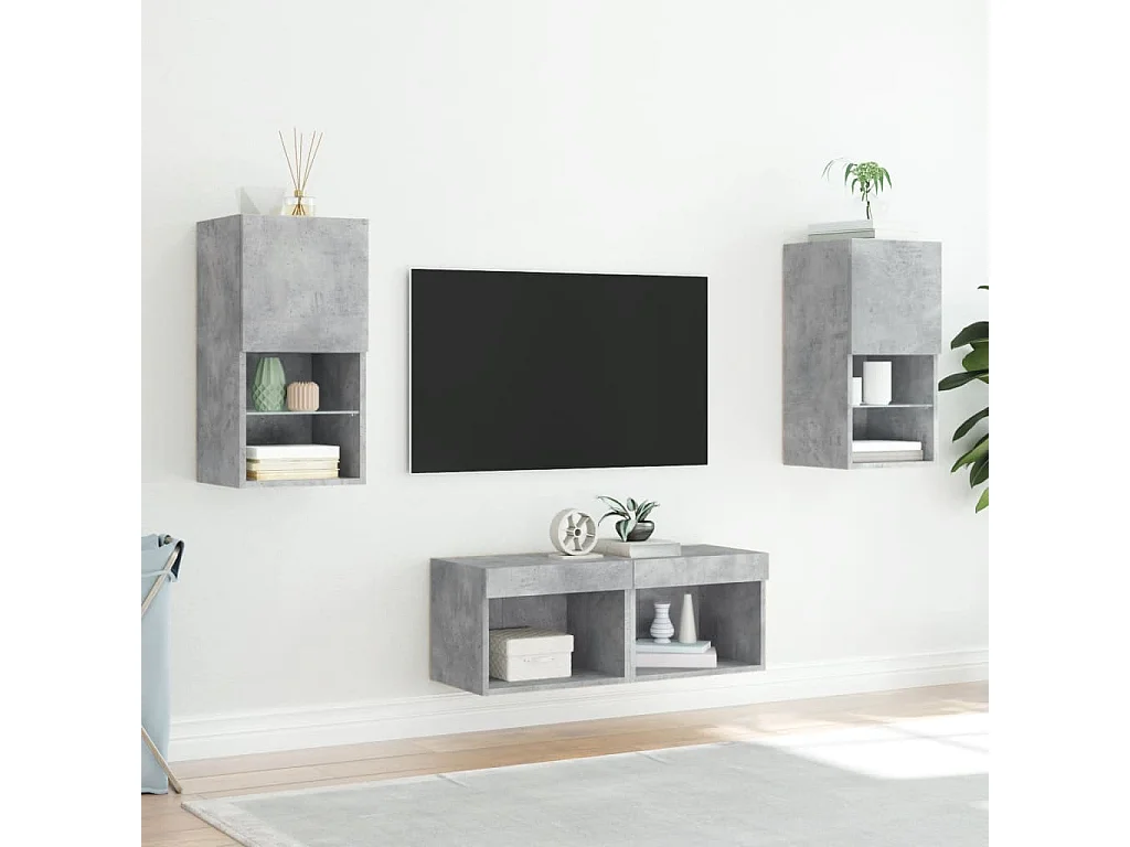 Meuble TV mural 4 pièces avec lumières LED gris béton