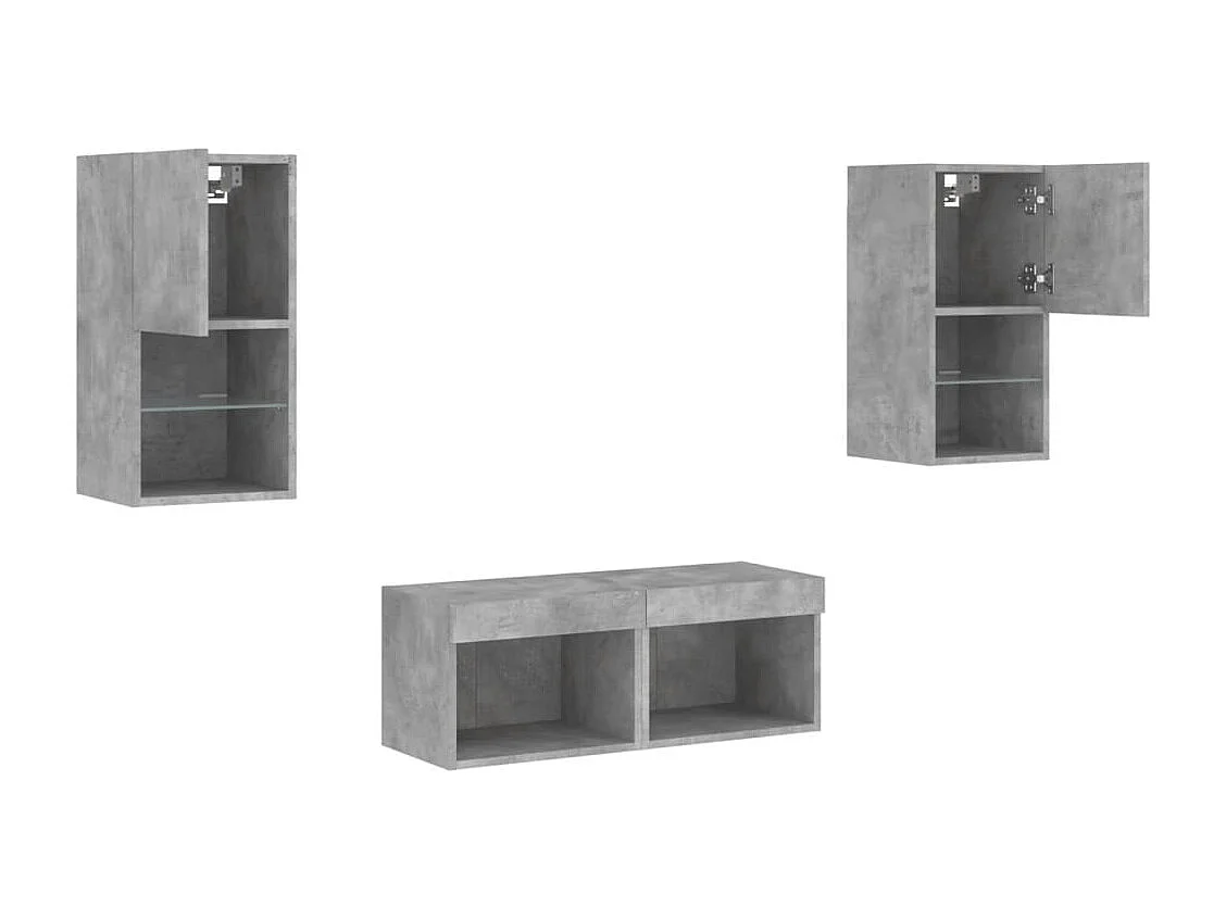 Meuble TV mural 4 pièces avec lumières LED gris béton