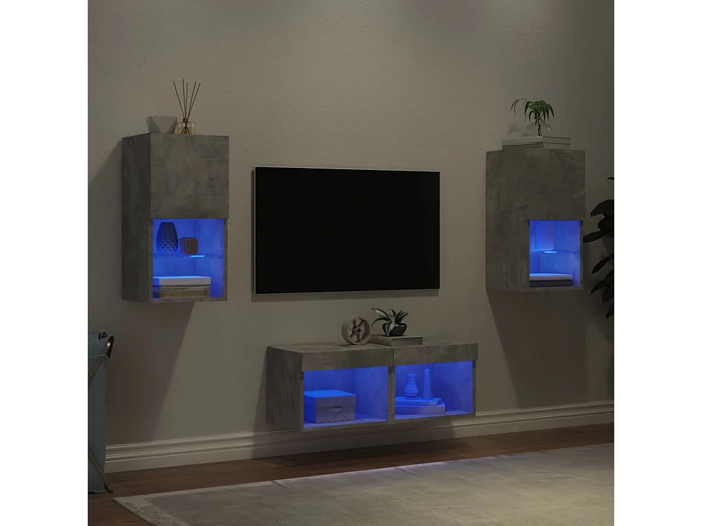Meuble TV mural 4 pièces avec lumières LED gris béton