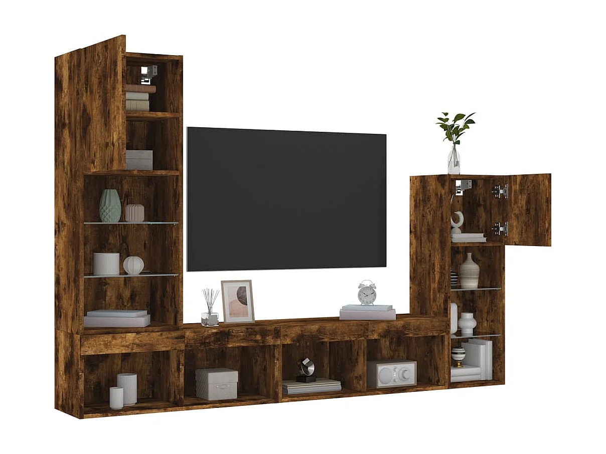 4peças móveis parede p/ TV c/ LEDs deriv. madeira carvalho fumado