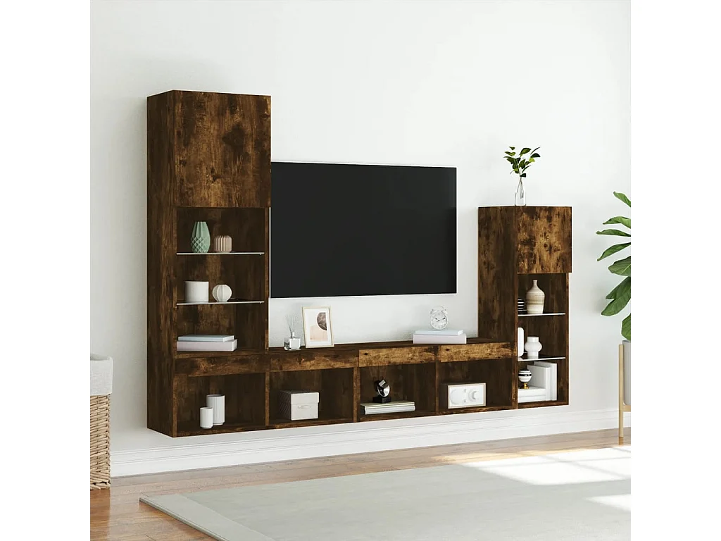4peças móveis parede p/ TV c/ LEDs deriv. madeira carvalho fumado
