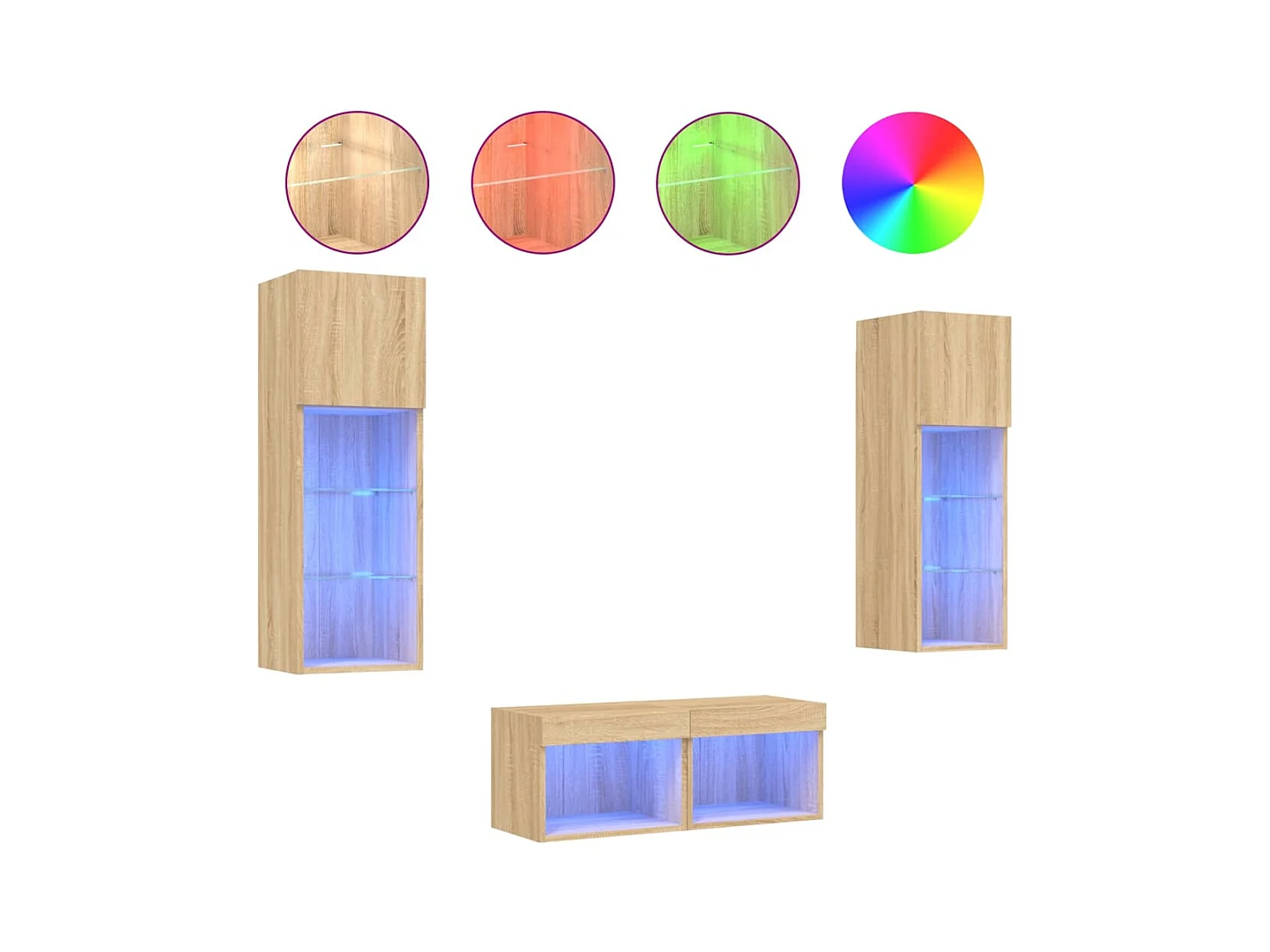 Meuble TV mural 4 pièces avec lumières LED chêne sonoma