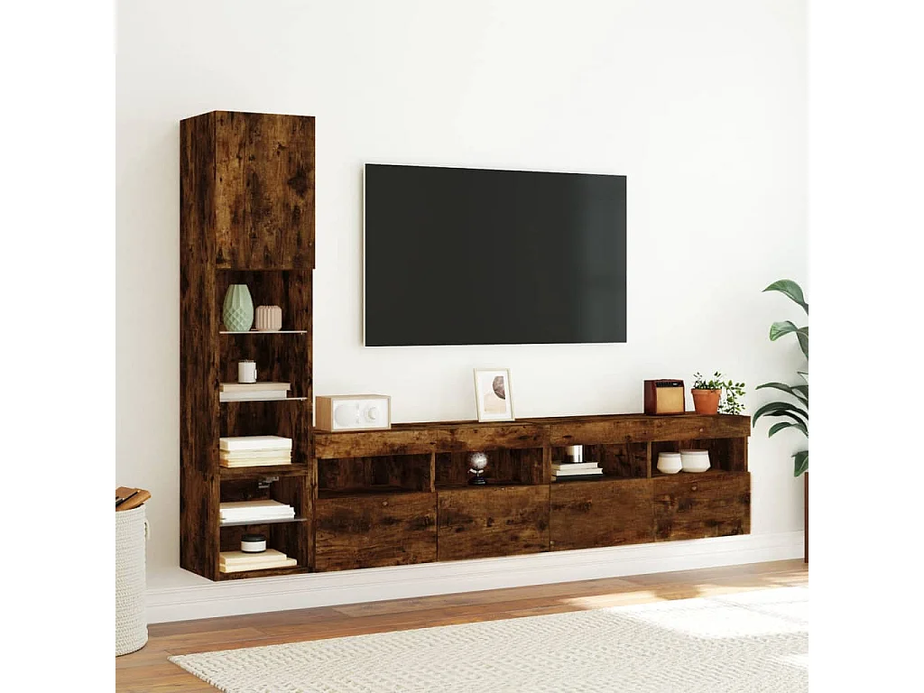 8-delige tv-wandmeubelset met LED bewerkt hout gerookt eiken