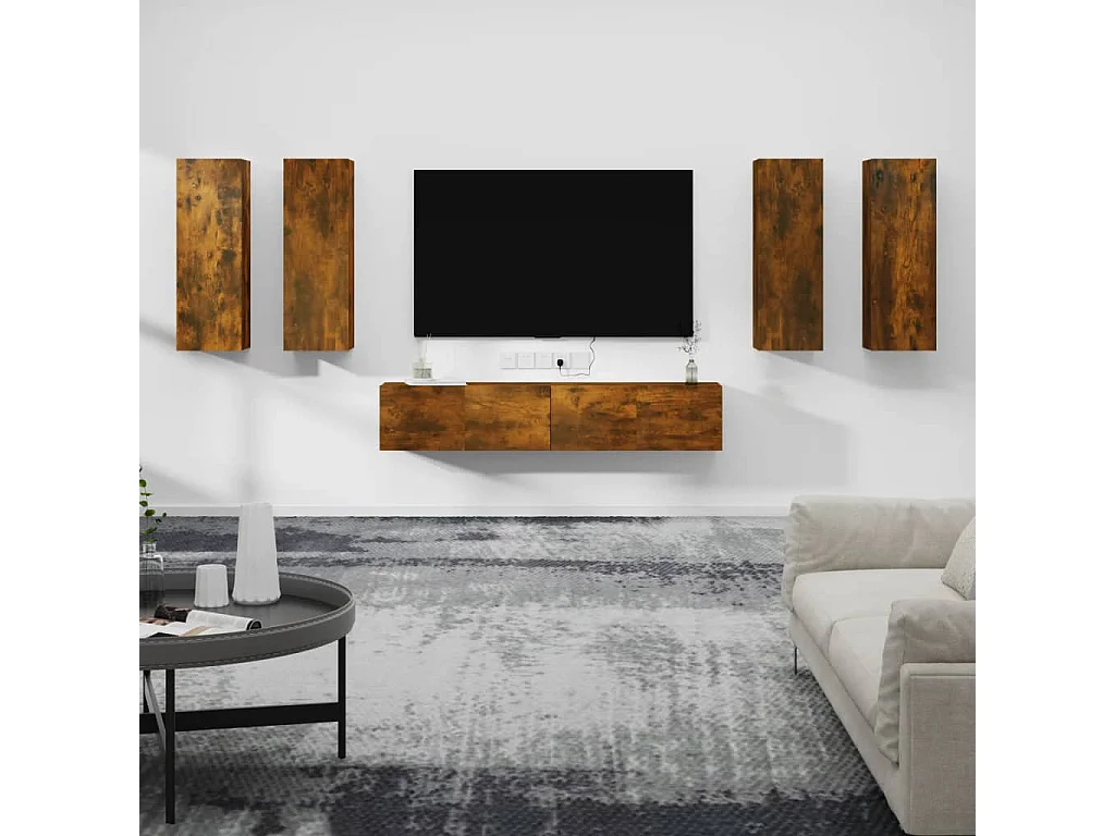 Set de muebles de TV 6 piezas madera contrachapada roble ahumado