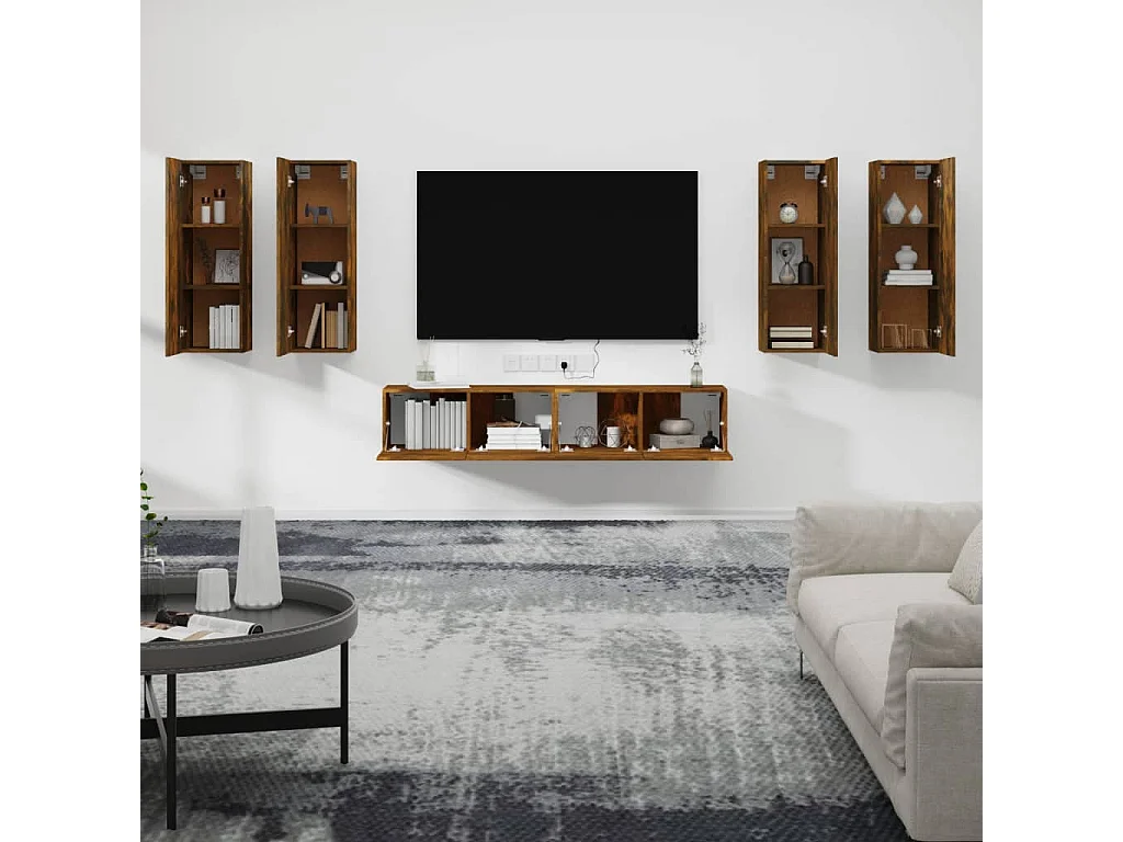 Set de muebles de TV 6 piezas madera contrachapada roble ahumado